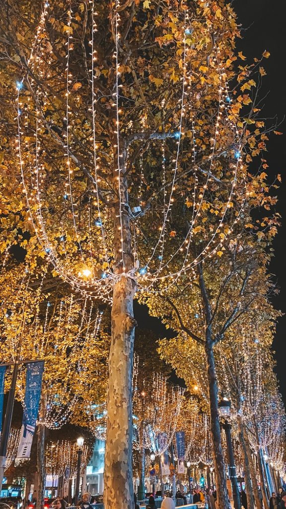 Décorations lumineuses de Noël sur les Champs-Élysées à Paris pour voir les illuminations de Noël Paris.
