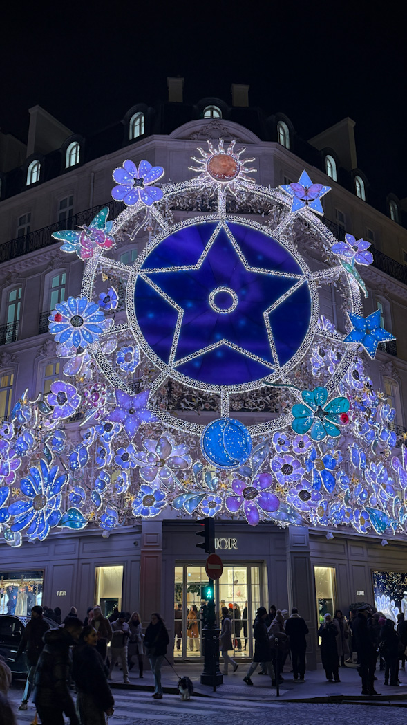 Façade Dior sur l’Avenue Montaigne à Paris 8e, un incontournable pour voir les illuminations Noël Paris.