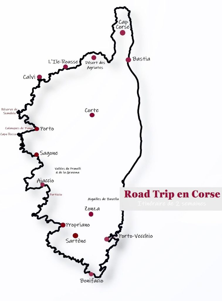 Carte Itinéraire Road trip Corse 2 semaines