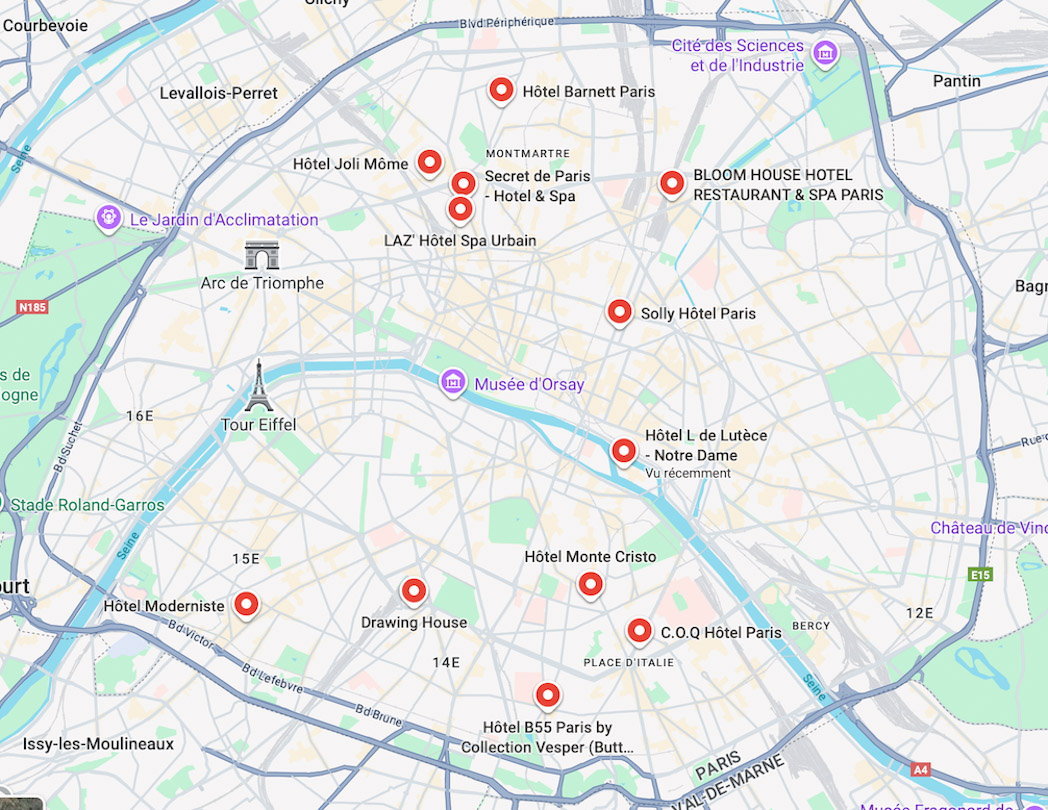 Carte de Paris avec emplacement des hôtels testés dans différents quartiers, du 3ème au 18ème arrondissement, pour faciliter le choix de votre séjour