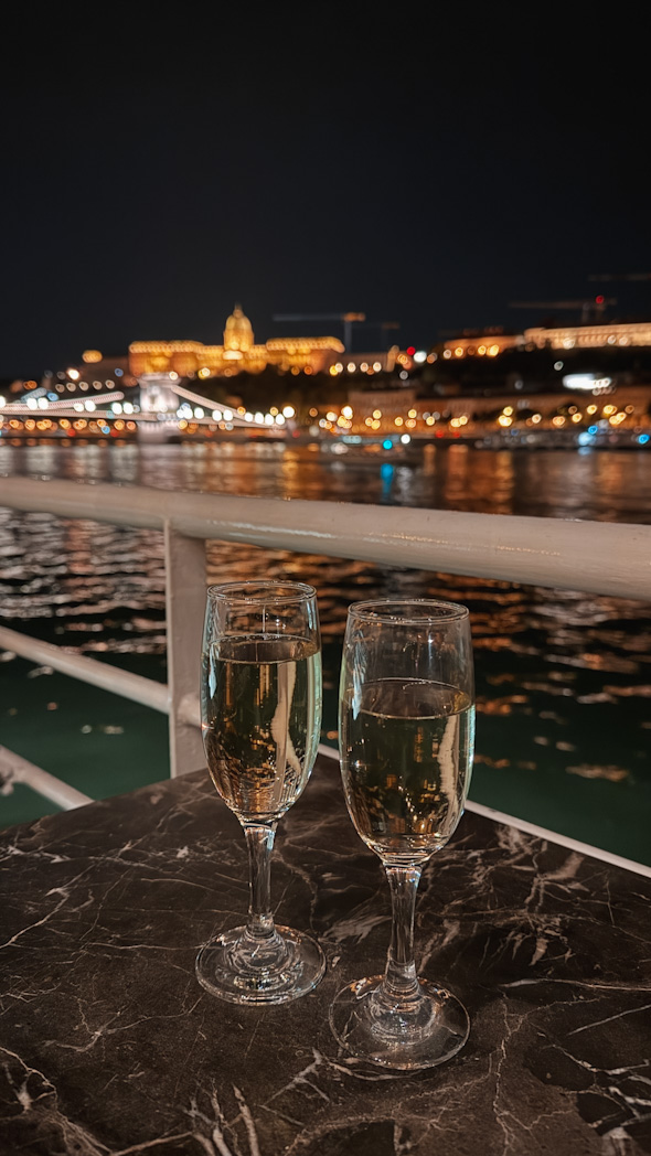 Croisière nocturne sur le Danube à Budapest avec bâtiments illuminés et coupe de champagne