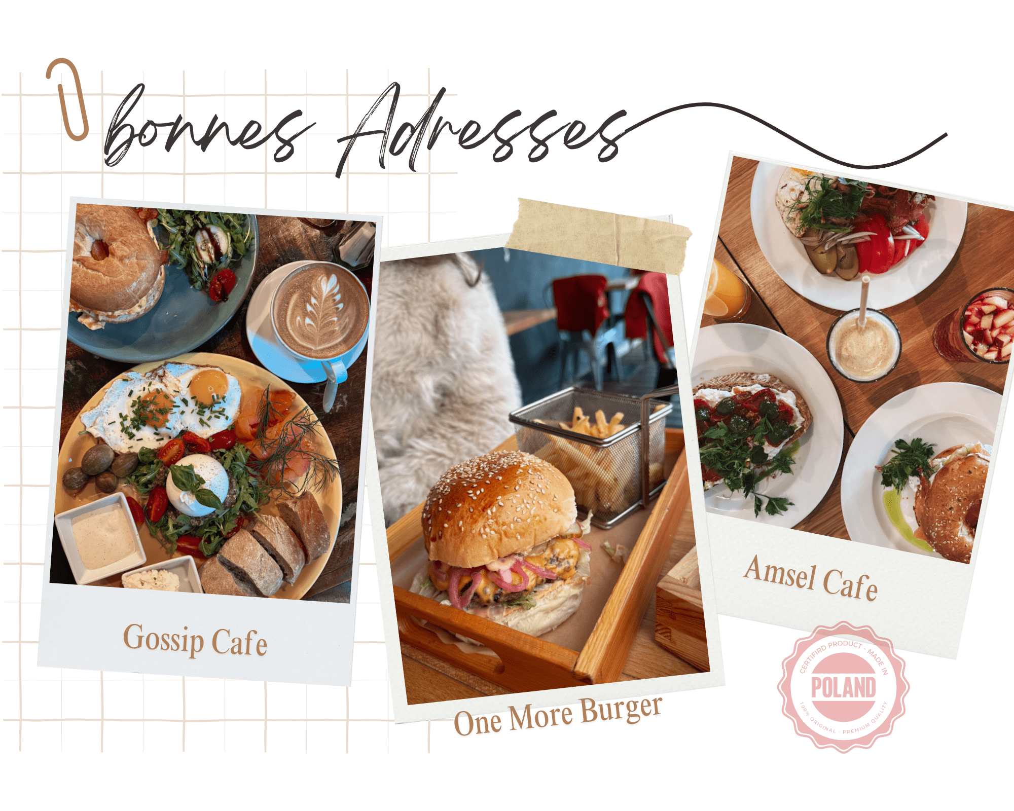Montage photo des meilleures adresses food à Cracovie, cafés et restaurants populaires