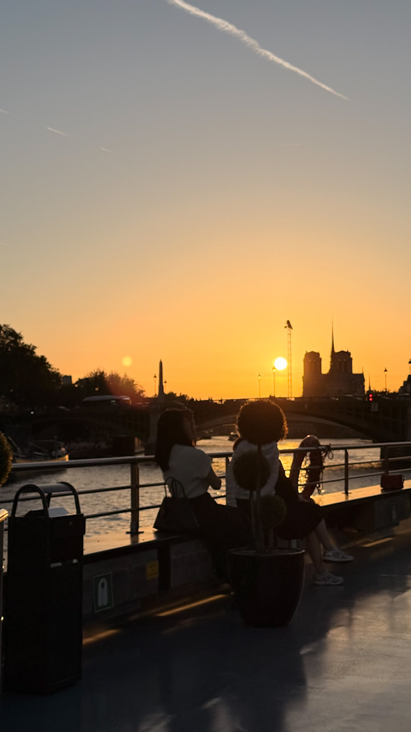 Bateau-mouche naviguant sur la Seine à Paris avec vue sur les monuments emblématiques et les quais de la capitale.