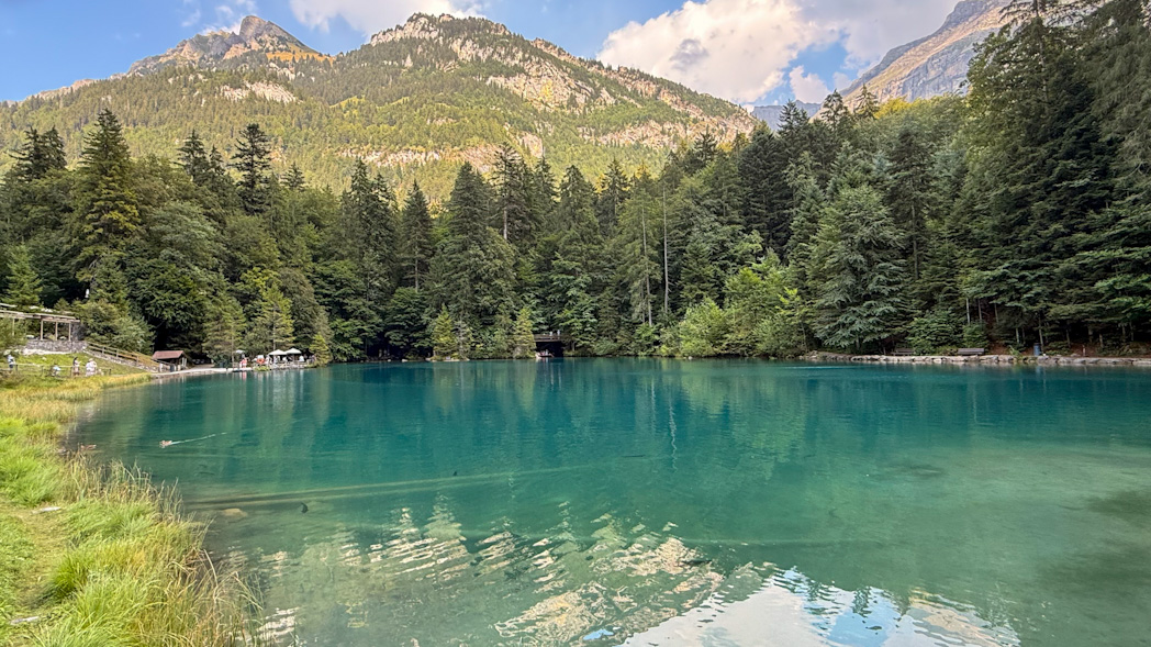 Eaux turquoise du Blausee entourées de montagne et de forêt en Suisse